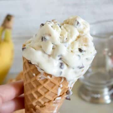 banana chocolate chip ice cream in a cone