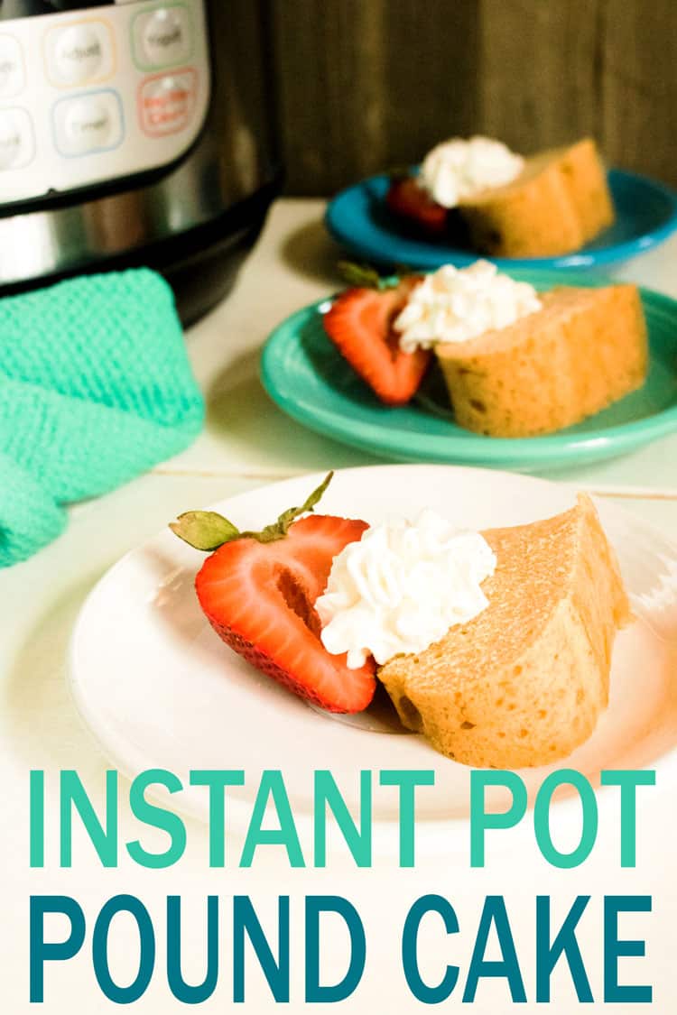 3 colorful plates with a slice of pound cake and half a strawberry topped with whipped cream with instant pot in the backgroun