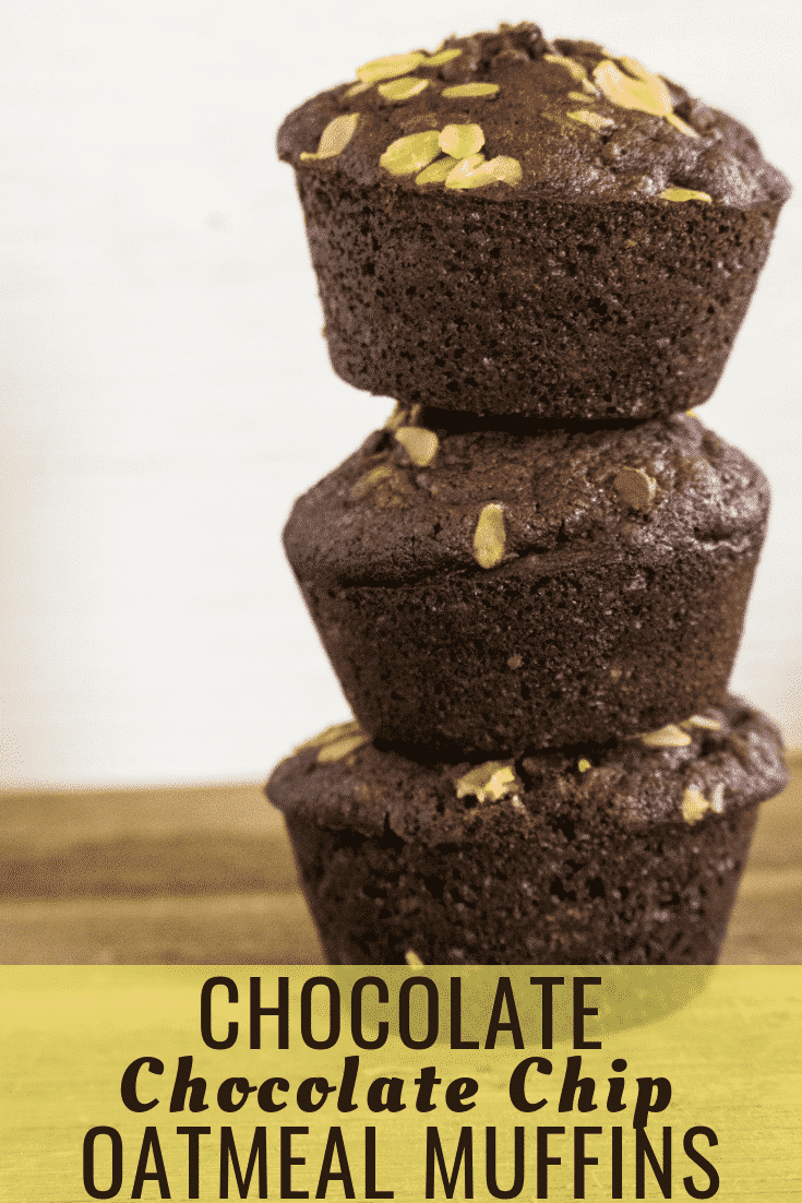 These delicious Chocolate Chocolate Chip Oatmeal Muffins will help you start your mornings off right! This is a quick and easy grab-and-go breakfast solution that your entire family is sure to love! #muffins #easybreakfastrecipe #chocolate #chocolatechocolatechipoatmealmuffins #deliciouschocolatechipmuffins #deliciouschocolatebreakfastmuffins