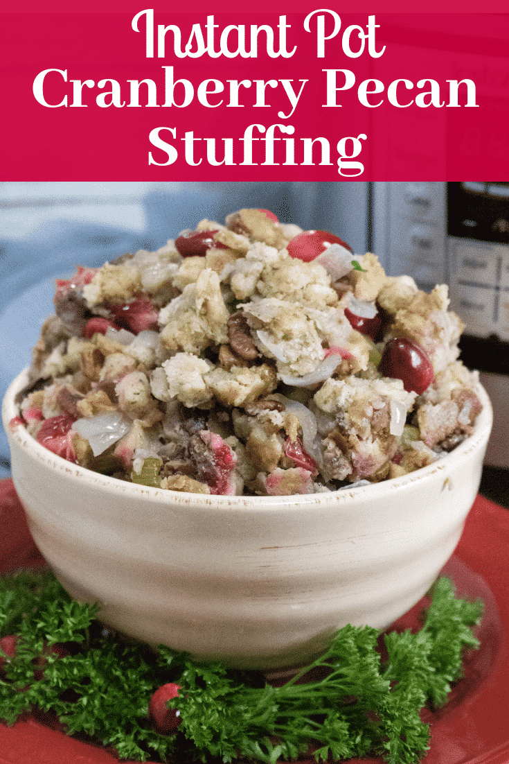 This recipe for Instant Pot Cranberry Pecan Stuffing is full of classic fall flavors! Making stuffing in the Instant Pot is SO easy, and turns out perfectly moist and fluffy every time! Instant Pot Cranberry Pecan Stuffing is just the thing for Thanksgiving! #stuffing #dressing #cranberry #cranberrypecanstuffing #thanksgiving #easythanksgivingrecipes #instantpot #instantpotstuffing #instantpotrecipes #pressurecooker #pressurecookerrecipes