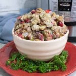 Permalink to: Instant Pot Cranberry Pecan Stuffing Instant Pot Cranberry Pecan Stuffing in a white bowl set on a red serving plate in front of the Instant Pot