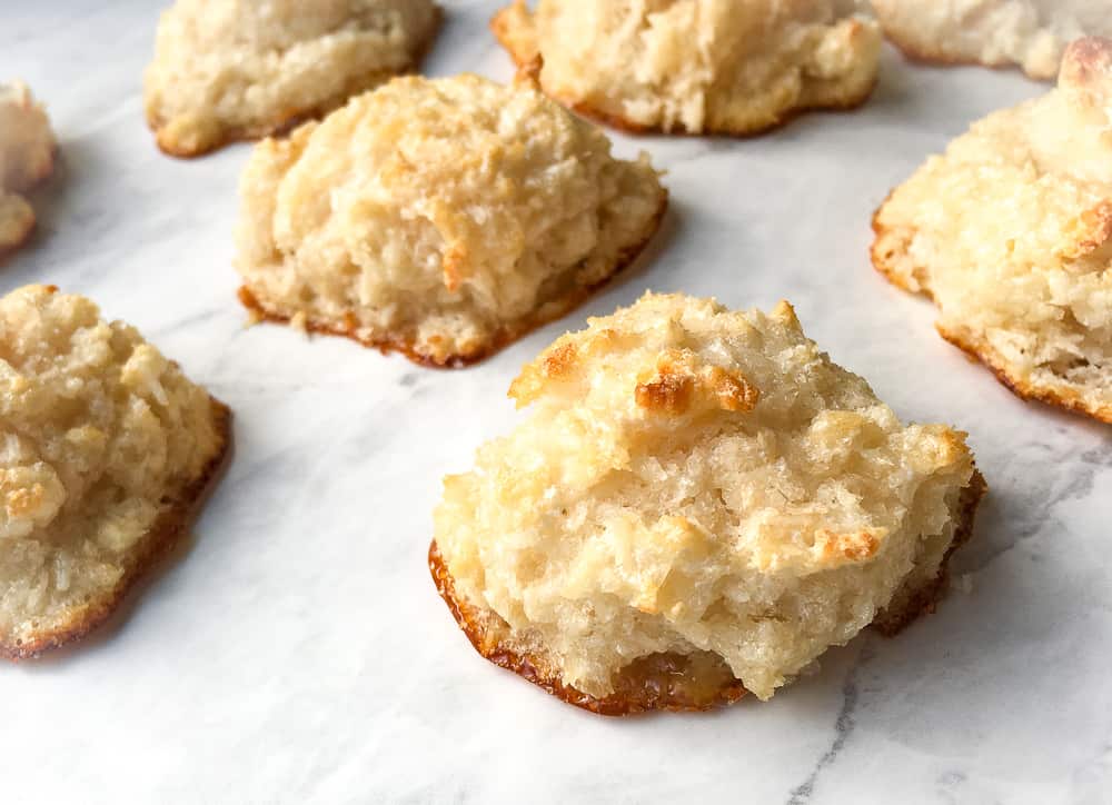 close up of the 5-ingredient Coconut Macaroons on a baking sheet