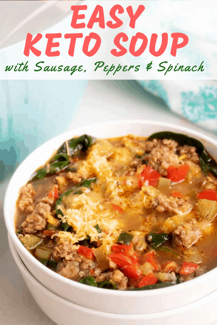 Easy Keto Soup with Sausage, Peppers, and Spinach is amazing! It's an easy keto diet recipe for those nights when you need something keto friendly FAST. You'll love this low carb soup! #keto #ketogenic #ketorecipes #ketosoup