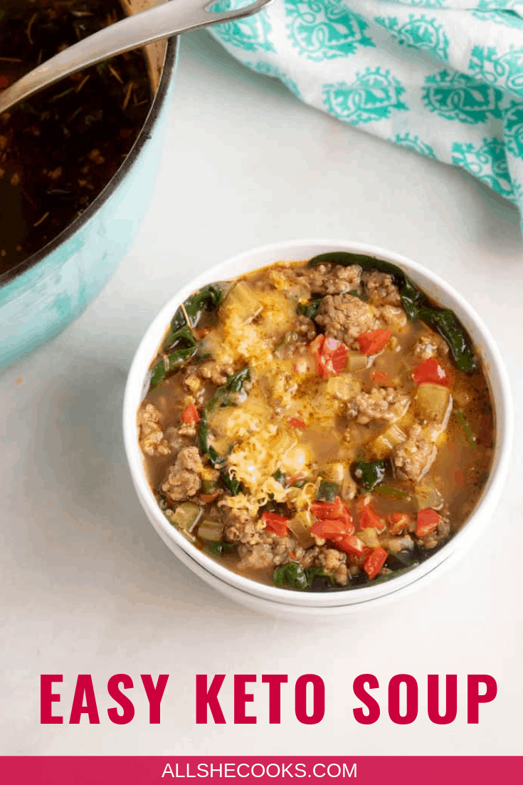 top down view of a bowl of easy keto soup with sausage, peppers and spinach