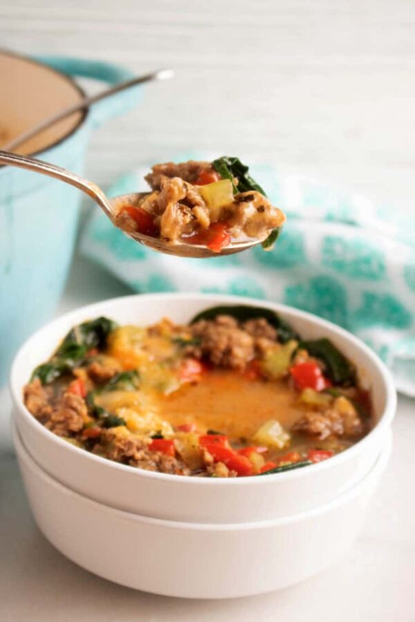 Easy Keto Soup with Sausage, Peppers and Spinach - All She Cooks