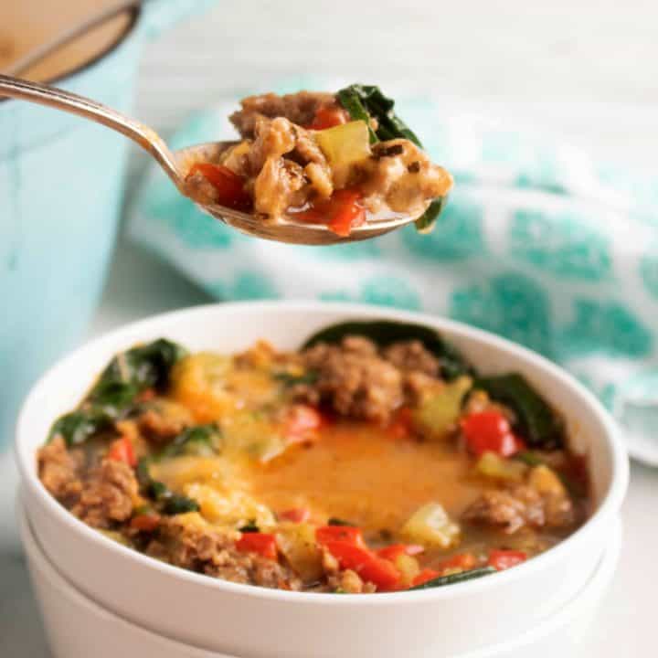 Easy Keto Soup with Sausage, Peppers and Spinach All She Cooks