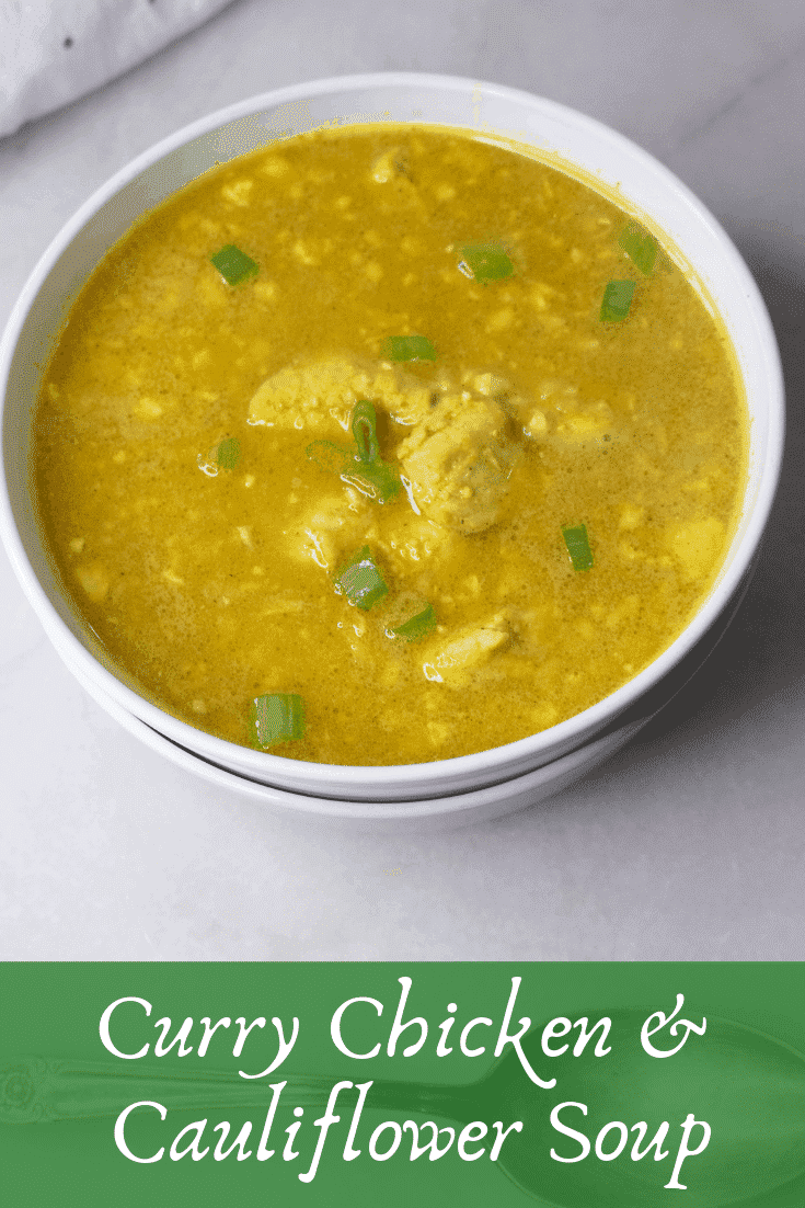 It's cold outside, so warm things up with this delicious Curry Chicken and Cauliflower Rice Soup. It's quick, easy, tasty and pairs popular curry and coconut milk with even more popular (and healthy) riced cauliflower. #Currychickencauliflowerricesoup, #deliciouscurrysoup, #currychickensoup