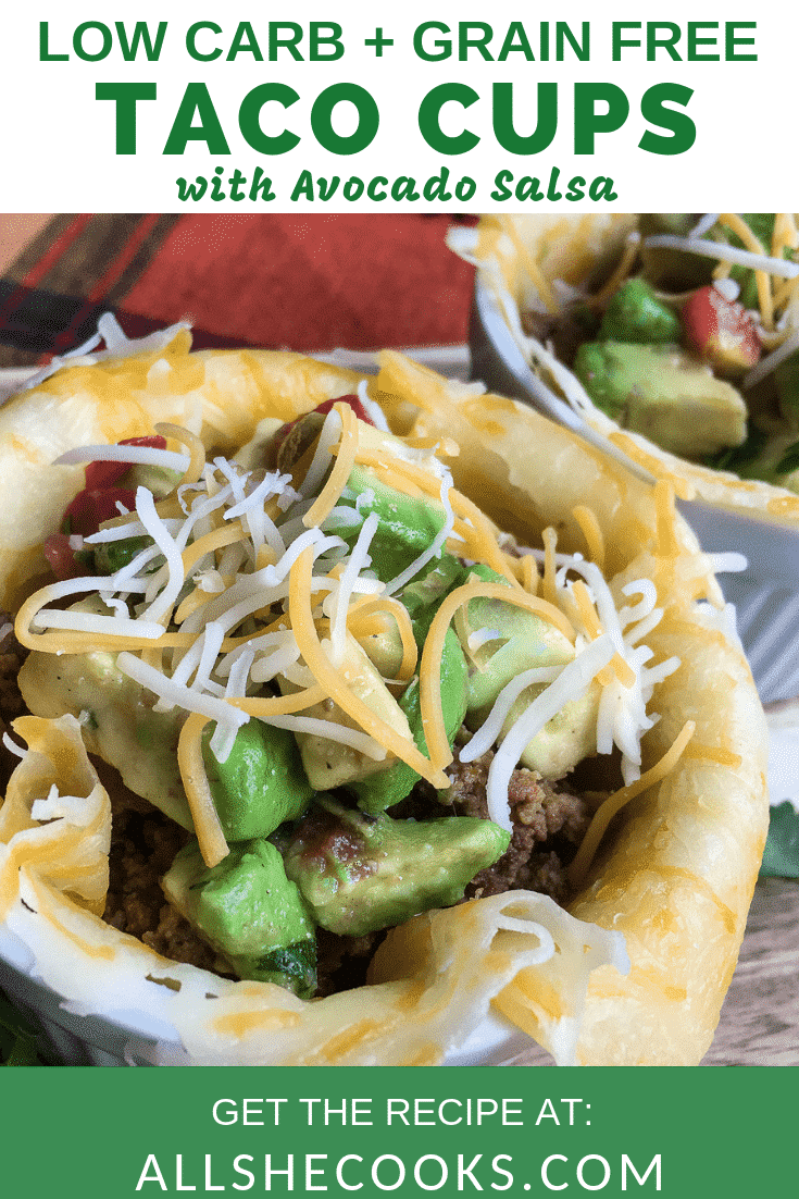 Low Carb Taco Cups with Avocado Salsa served in a white ramekin