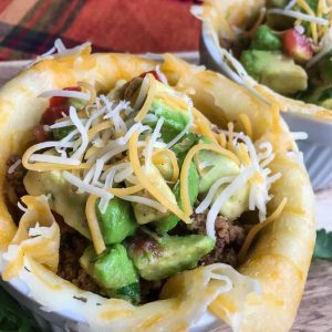 Close up of the completed Low Carb Taco Cups with Avocado Salsa