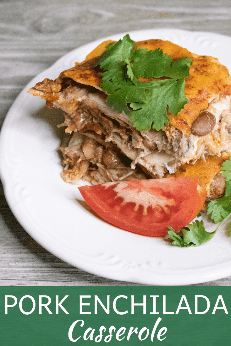 This amazing recipe for Pork Enchilada Casserole fills the bill for yummy, comforting and delicious! It creatively uses pulled pork & pinto beans as a fun and delicious twist. Your family will be begging for more. #porkenchiladacasserole #yummymexicanenchiladacasserole #bestporkenchiladacasserole