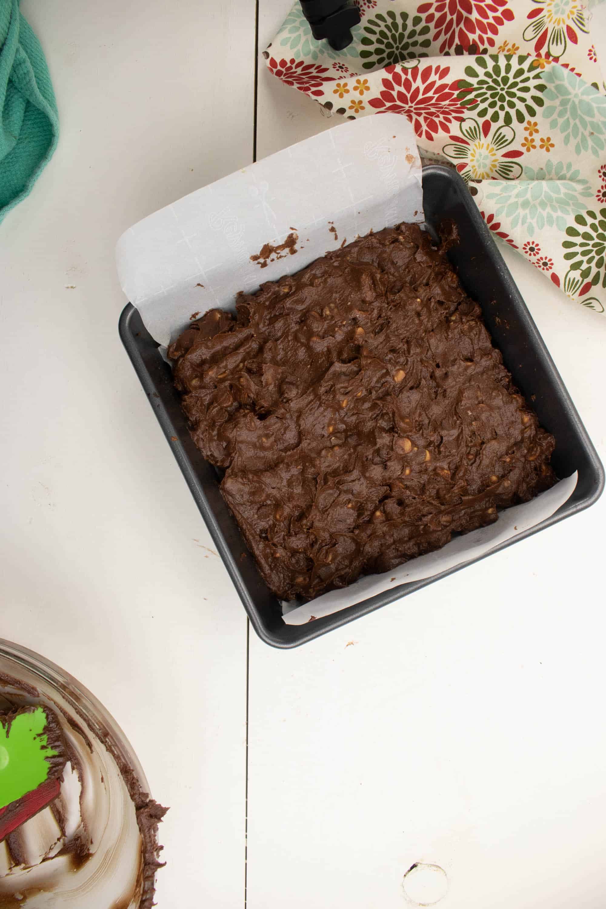 batter for the ultimate chunky brownies in the baking pan and ready to go in the oven