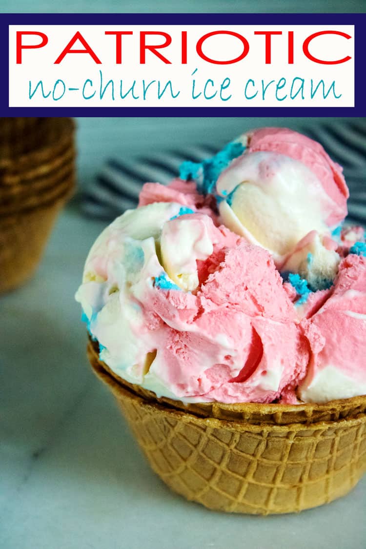 red, white and blue scoops of ice cream in edible 4th of July Desserts ice cream cone bowl