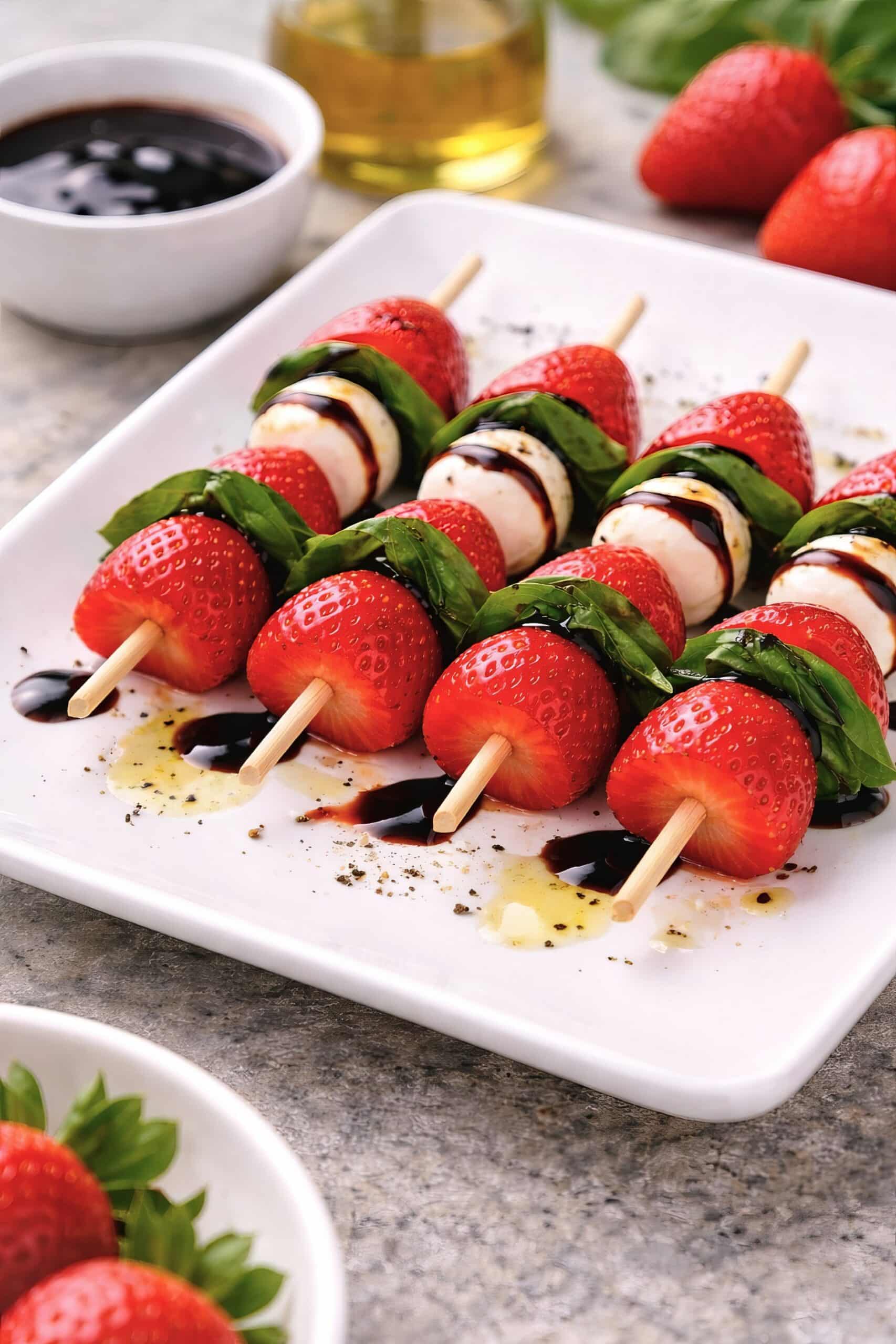 strawberry caprese skewers drizzled with balsamic glaze and served on a white plate