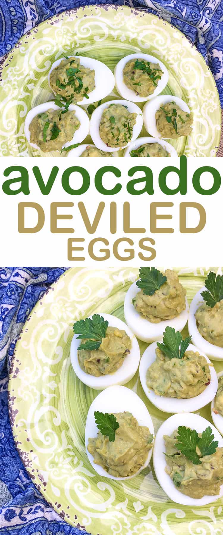 avocado deviled eggs on a plate that is green and white