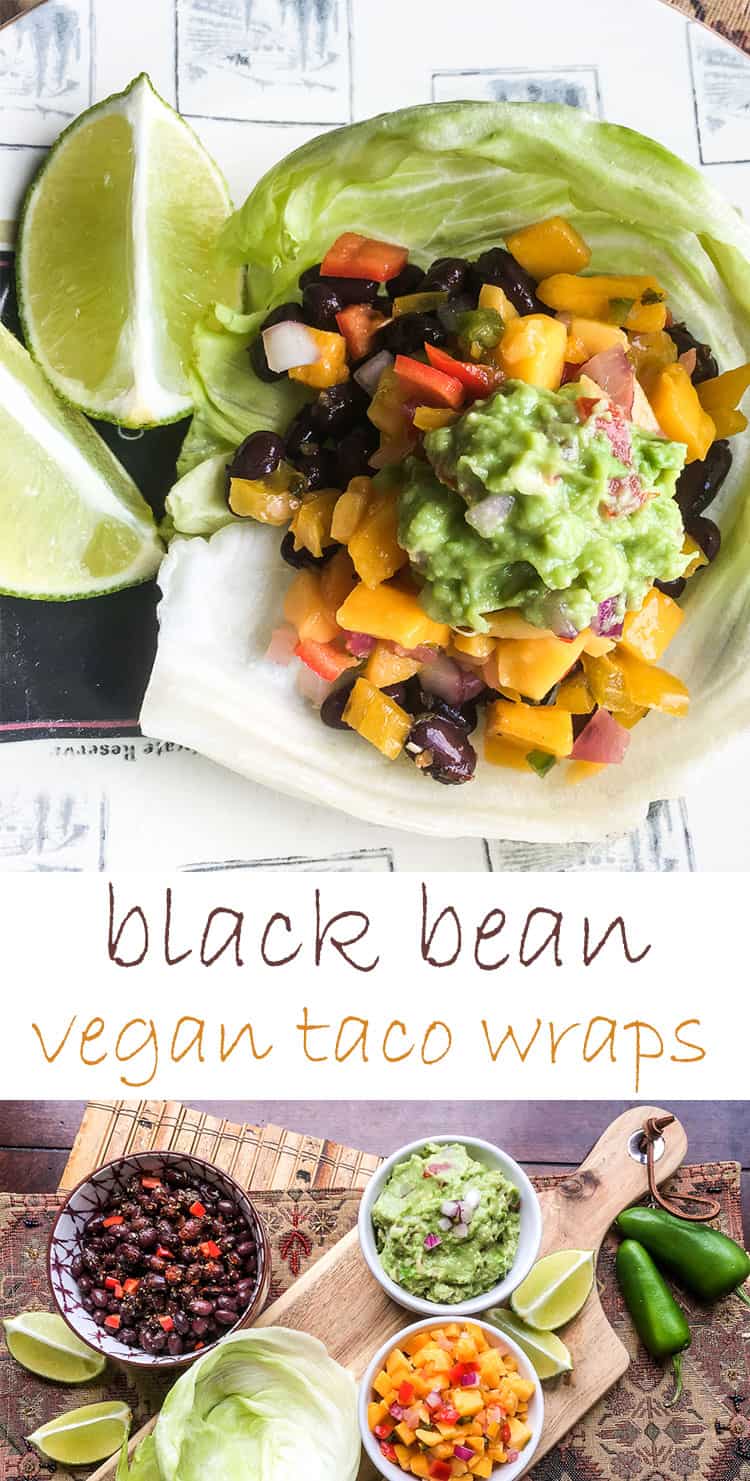 black bean vegan taco wraps and ingredients on table