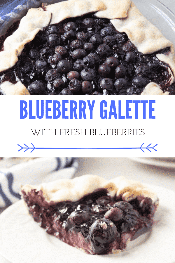 collage with picture of blueberry pie on top, and a slice of blueberry pie on a white plate on the bottom. In between the two photos are the words, ' Blueberry Galette with fresh blueberries'