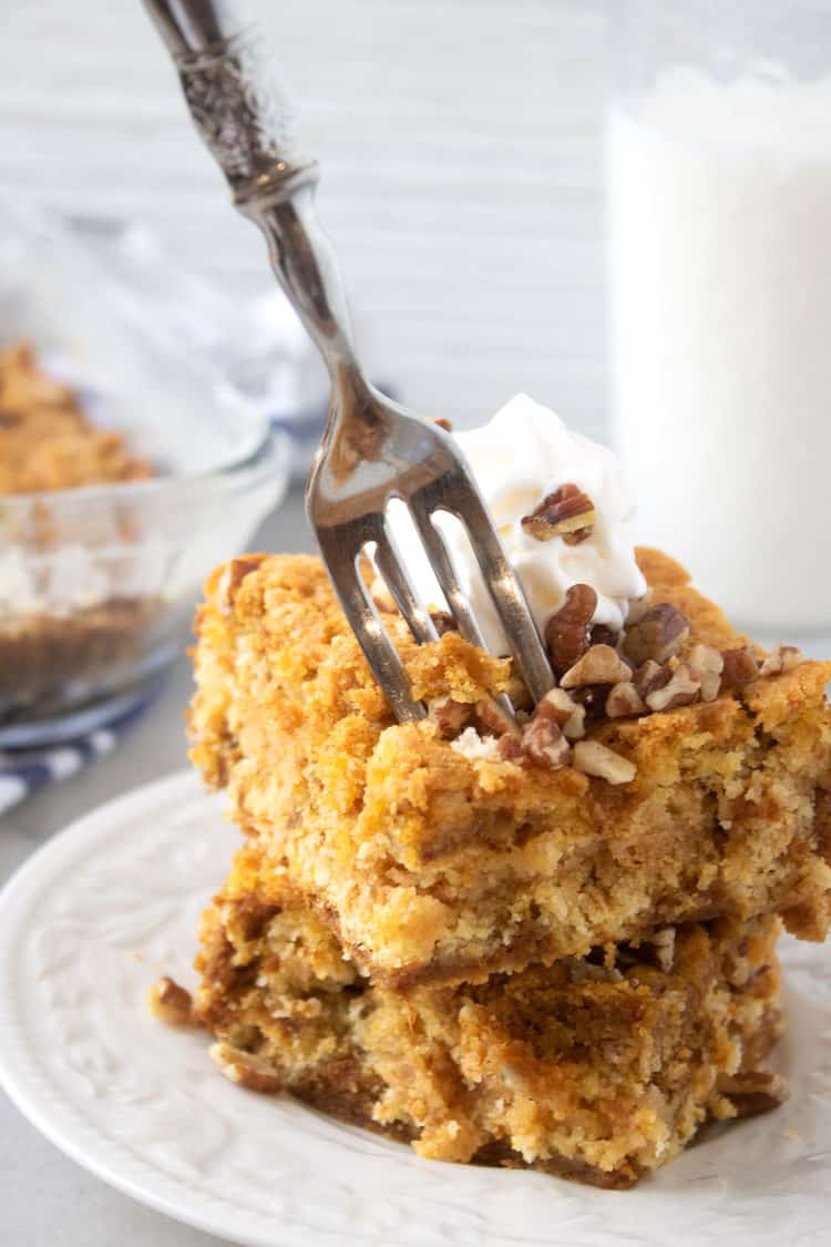 fork digging into the pumpkin dump cake