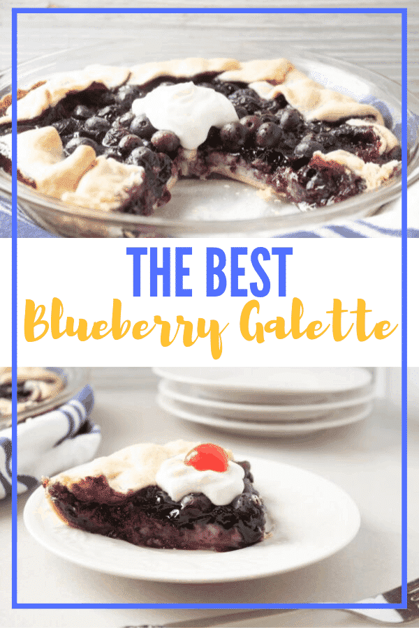 collage with picture of blueberry pie on top, and a slice of blueberry pie on a white plate on the bottom. The words The Best Blueberry Galette are in the middle of the photo collage.