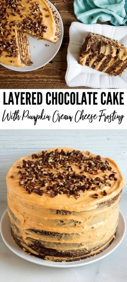 Layered chocolate cake with pumpkin cream cheese frosting Pinterest graphic
