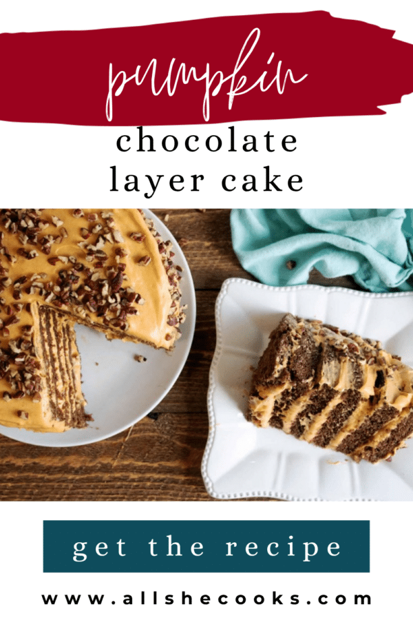 Pumpkin chocolate layer cake Pinterest pin showing the cake with a slice cut out from overhead