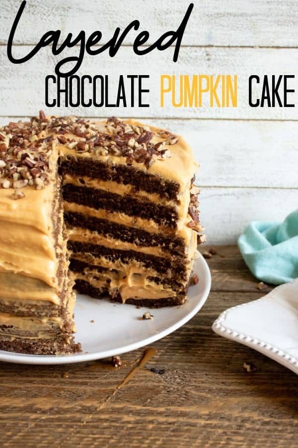Layered chocolate pumpkin cake Pinterest graphic showing the cut cake with six layers