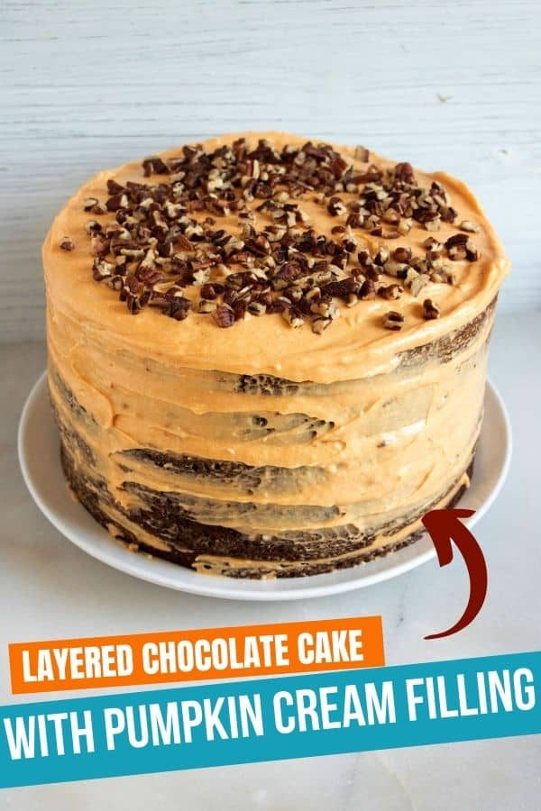 Layered chocolate cake with pumpkin cream filling Pinterest graphic
