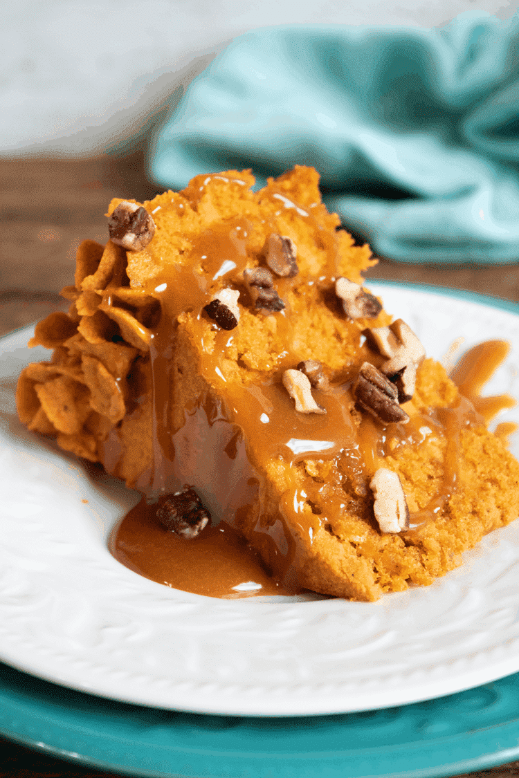 layered pumpkin cake on white plate