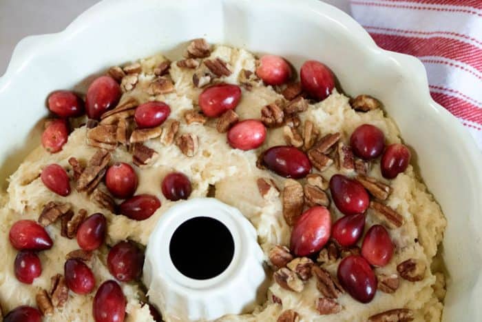 cranberry coffeecake batter in bundt pan