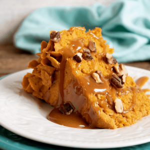 slice of pumpkin cake on white plate