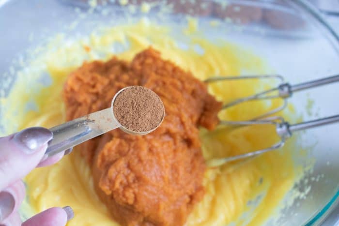 adding pumpkin spice to pumpkin and other ingredients in mixing bowl