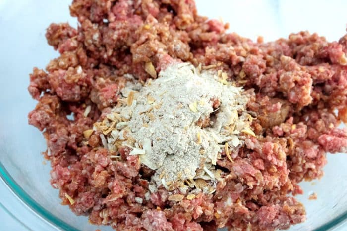 ground beef with onion soup mix in bowl