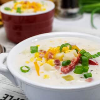 slow cooker corn chowder in white bowl