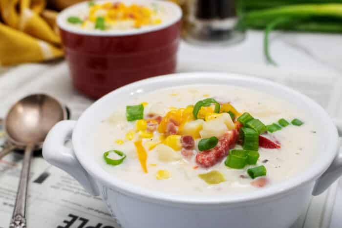 slow cooker corn chowder in white bowl