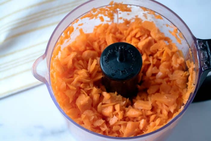 chopped carrots in food processor