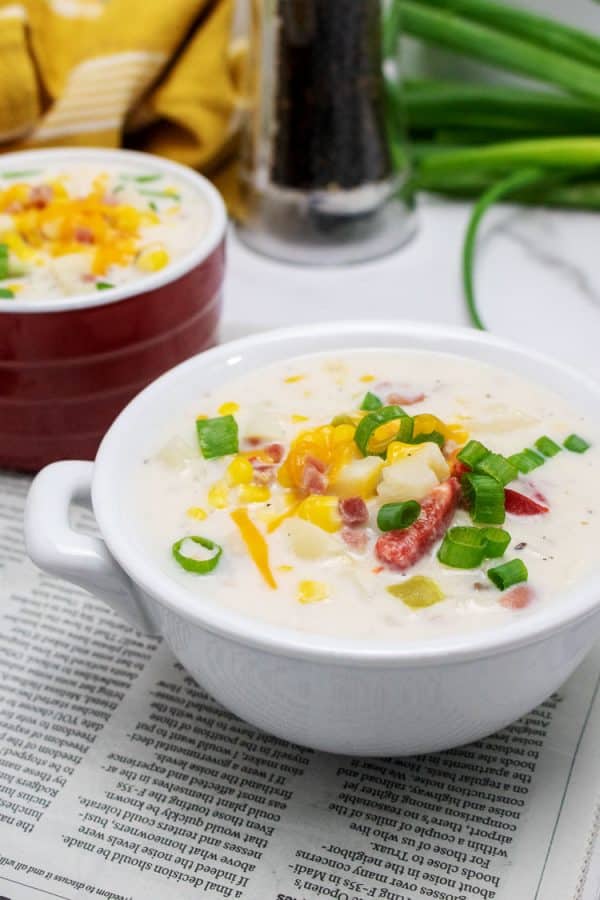 corn chowder in white bowl