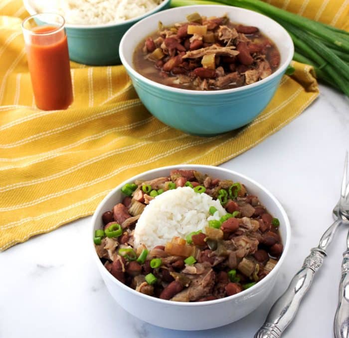 red beans and rice in white bowl
