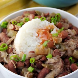 red beans and rice in white bowl