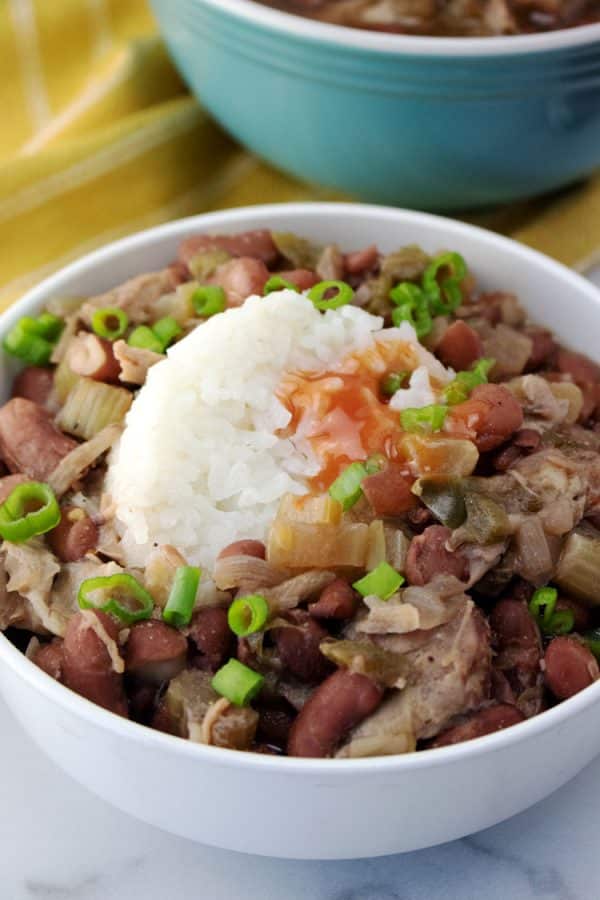 red beans and rice in white bowl