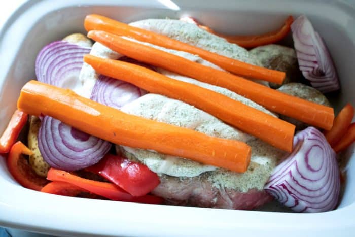 pot roast with cream of mushroom soup and vegetables in slow cooker