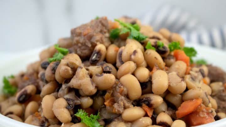 slow cooker black eyed peas in white serving dish