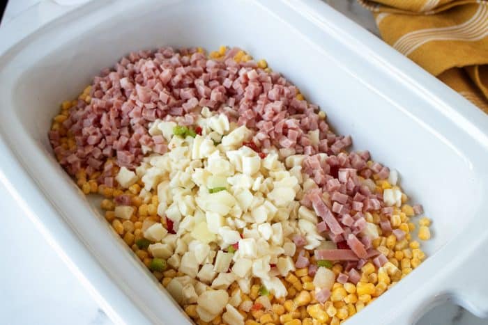 corn chowder ingredients in slow cooker