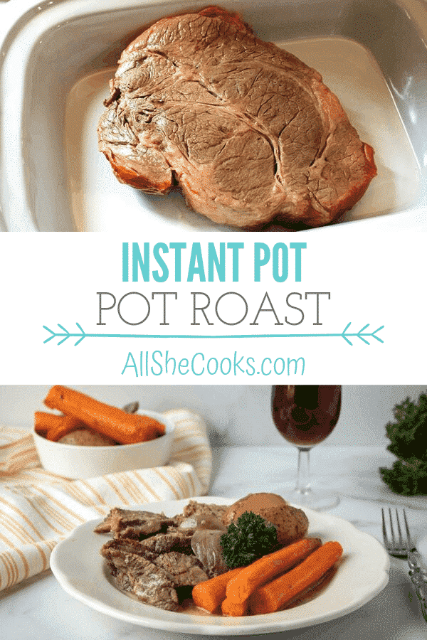 pot roast in slow cooker and on white plate