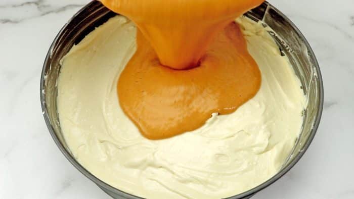 pour pumpkin pie filling on top of cheesecake filling