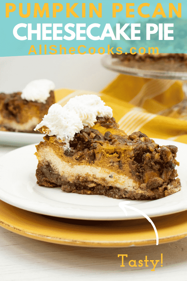 Double layer pumpkin cheesecake slice with pecan streusel and whipped cream, Pinterest graphic