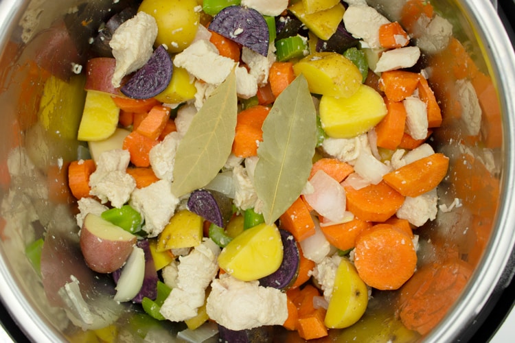 Chicken, carrots, celery, onion and gold, red and purple potatoes in the slow cooker before cooking