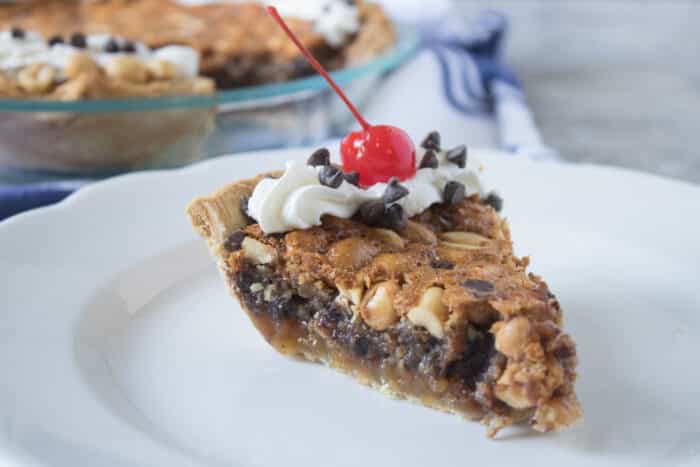 chocolate peanut butter pie on a white plate