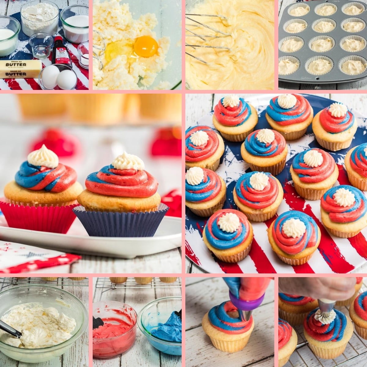 collage of images showing how to make red white and blue cupcakes