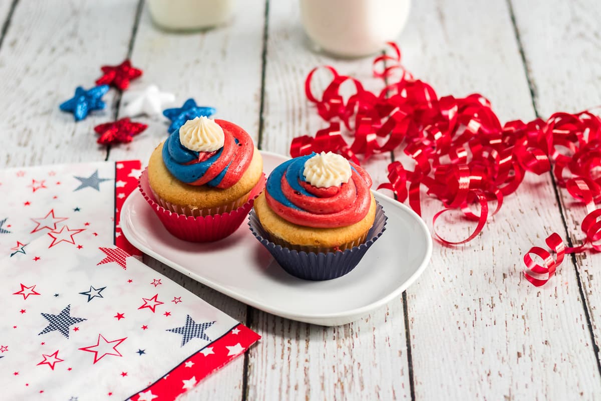 red white and blue cupcakes being served