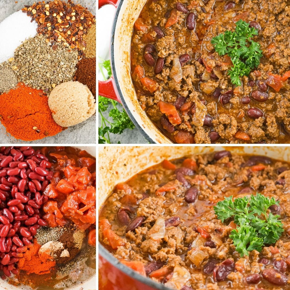 how to make texas roadhouse chili - collage showing the process of cooking the chili