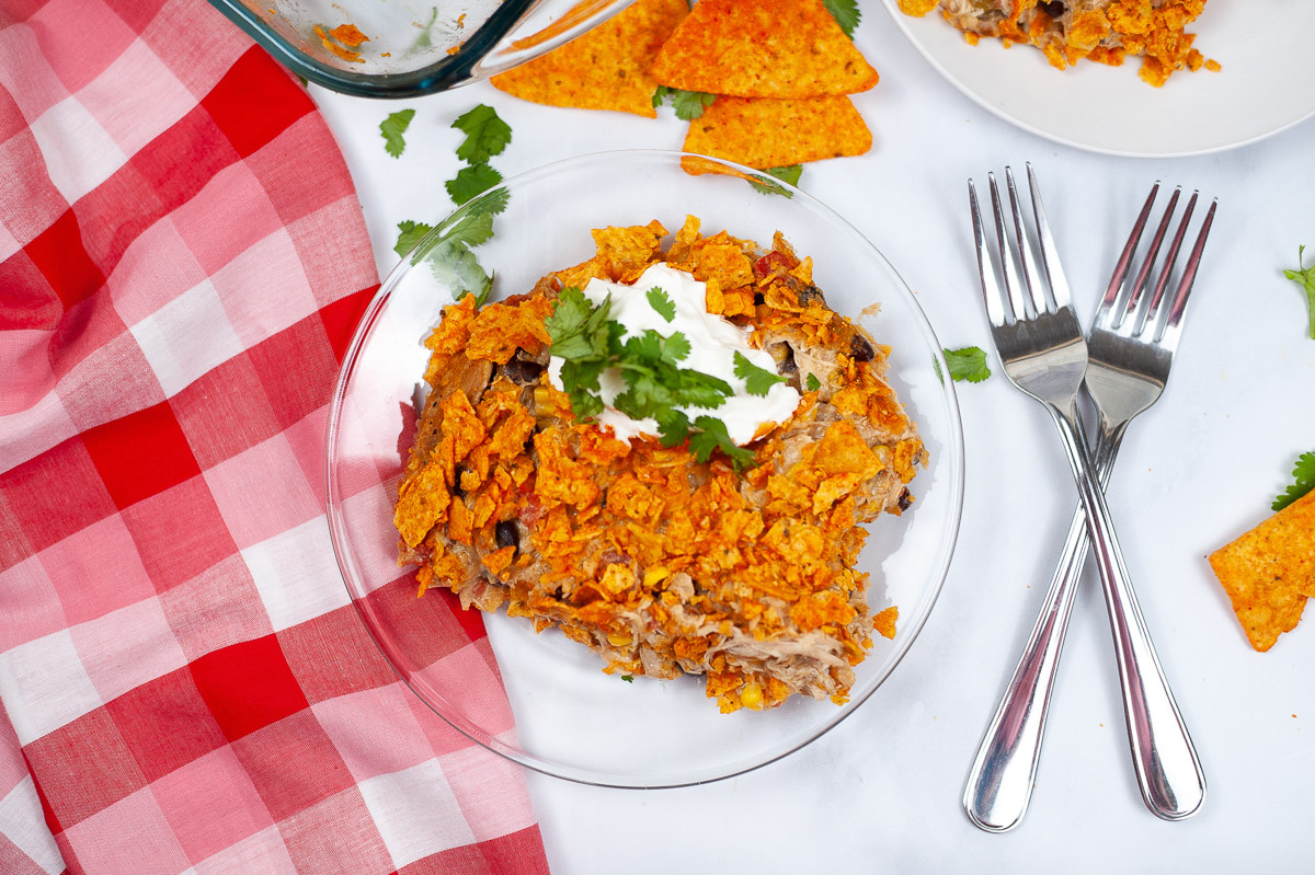 top view plate of dorito chicken casserole